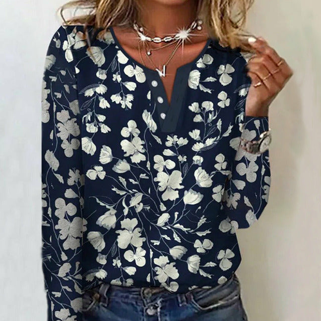 Floral Print Womens Blouse with Round Neck and Button Detail, Casual Full-Length Top for Spring and Autumn-1