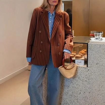 Light women's striped blazer jacket - retro, double-breasted, polyester, for spring/autumn