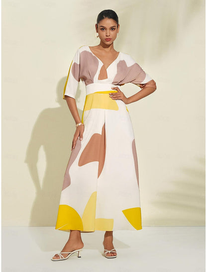 Elegant Long Summer Dress with Playful Neckline and Three-Quarter Sleeves - Lightweight Women���s Dress for Casual and Special Occasions-2