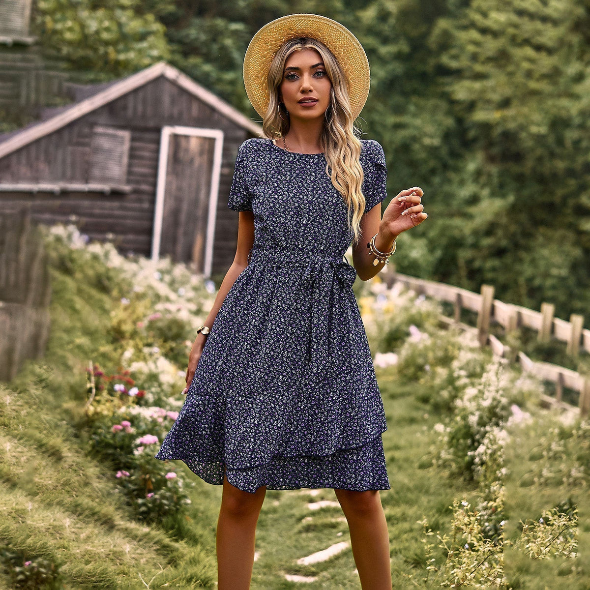 Elegant Floral Print Women's Summer Dress with Belt, Lightweight and Comfortable for Casual Outings and Garden Parties-2