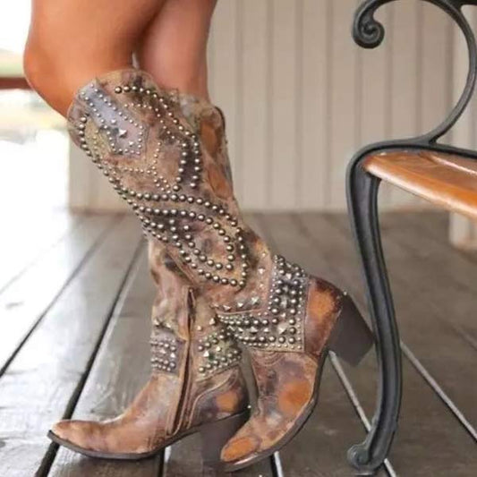 Women's Supportive Knee-High Boots - Studded Leather