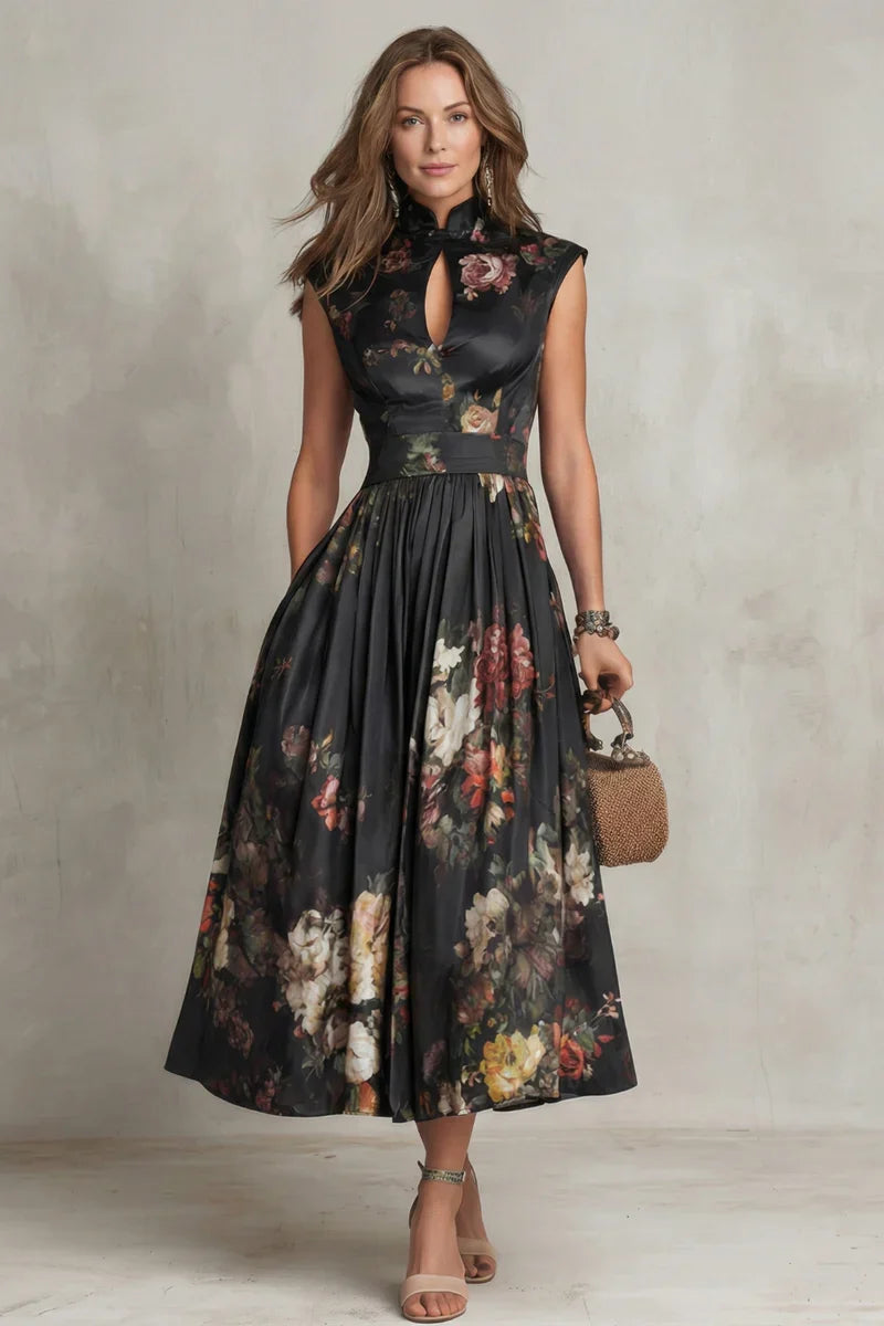 Light women's maxi dress - floral-printed, high-waisted, pleated, polyester, for street fashion