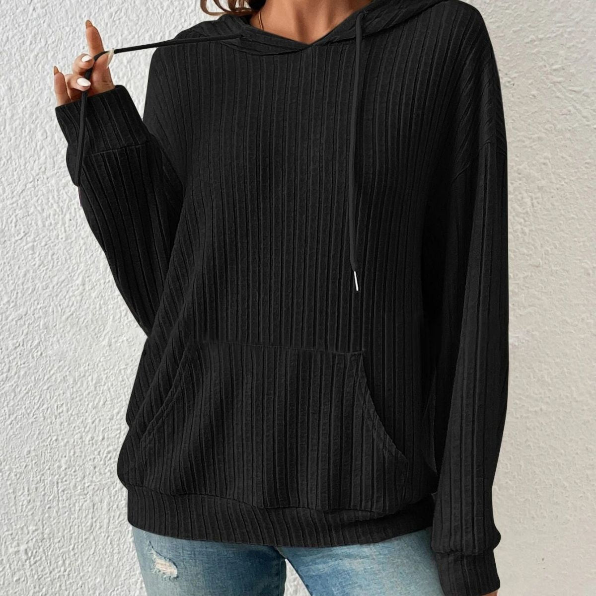 Plush Relaxed Women's Hooded Pullover - Ribbed Knit, Casual