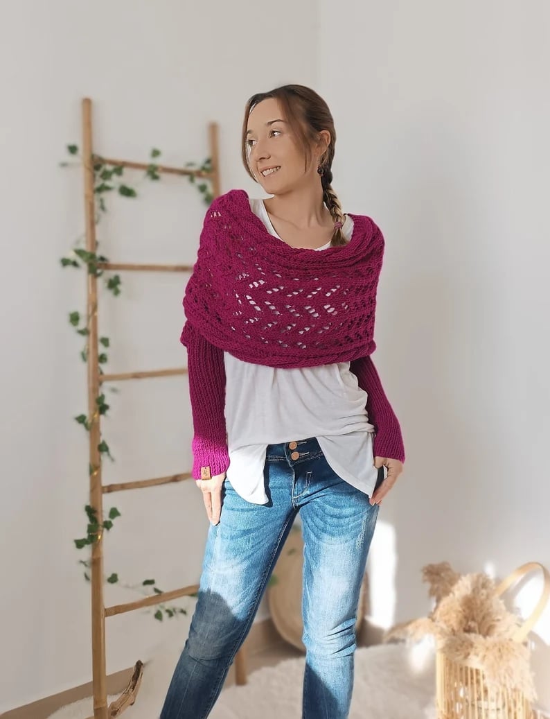 Plush Women’s Scarf - Openwork Rectangular, Knit, For Winter