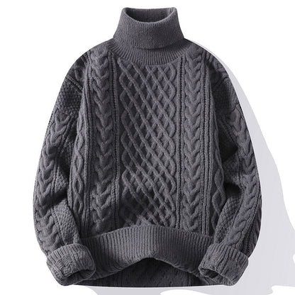 Mens Warm Turtleneck Sweater - Relaxed Cable Knit, Winter