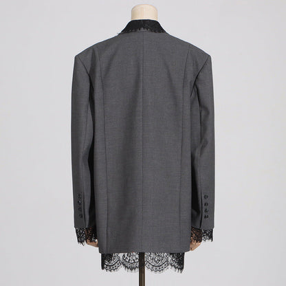 women's Structured blazer - lace-panel design, long-sleeve, polyester, for office-ready workwear