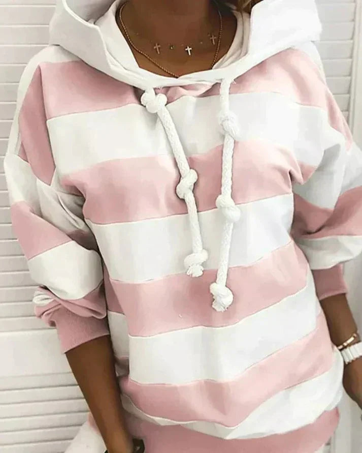 Plush Women’s Hooded Pullover - Striped Relaxed Cotton, Casual