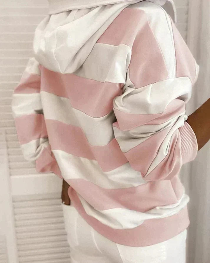Plush Women’s Hooded Pullover - Striped Relaxed Cotton, Casual