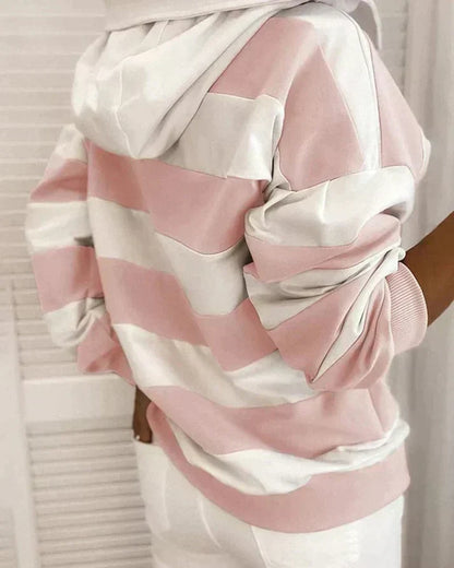 Plush Women’s Hooded Pullover - Striped Relaxed Cotton, Casual