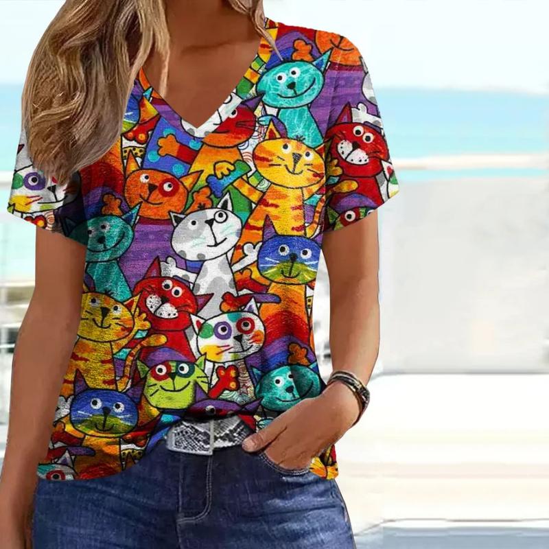 Colorful Cat Print Women's T-Shirt, Short Sleeve V-Neck Cotton Blend Top for Spring and Summer Casual Wear-2