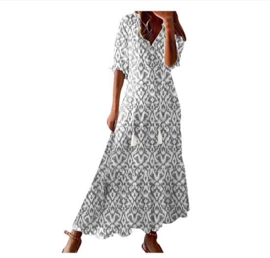 Light Women's Dress - Bohemian Print, V-Neck, Long Sleeves, Mid Waist, Casual Regular Wear