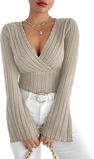 Women’s Stretchy Long Sleeve Top - V Neck, Ribbed Knit