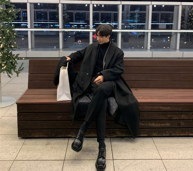 Men's Warm Trench Coat - Single-Breasted, Wool, Winter