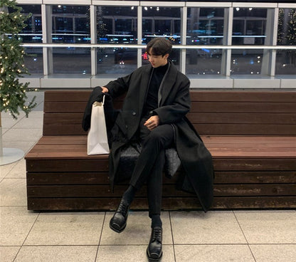 Men's Warm Trench Coat - Single-Breasted, Wool, Winter