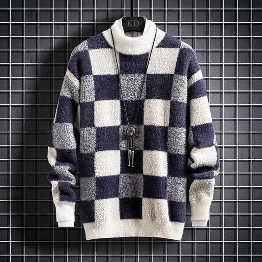 Mens Warm Crew Sweater - Checked Knit, Nylon, For Winter