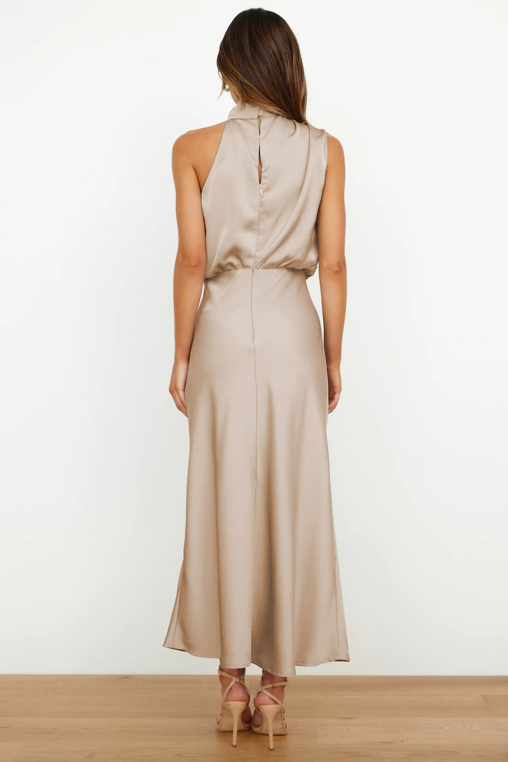 Long Satin Halterneck Formal Dress for Weddings and Elegant Occasions, Full-Length Evening Gown-4