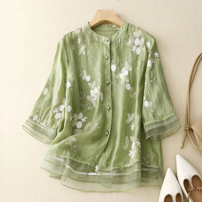 Elegant Women's Top with Embroidery, Breathable Cotton Blend Blouse in Various Colors and Sizes-6