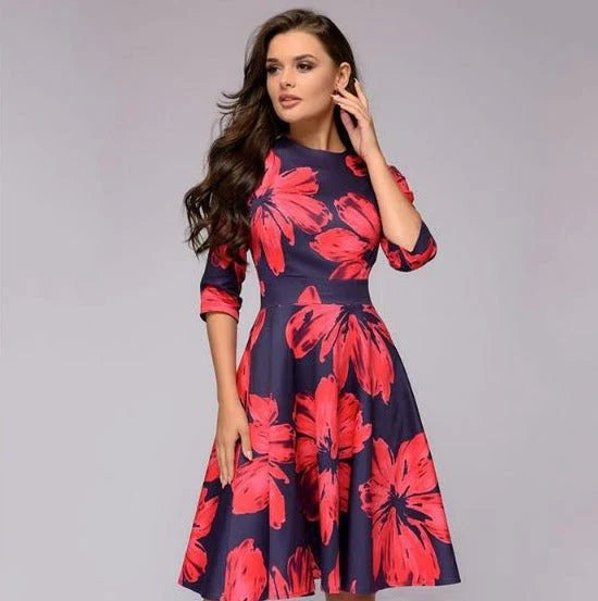 Floral Print Midi Dress with Wide Skirt for Women's Summer and Formal Fashion-3