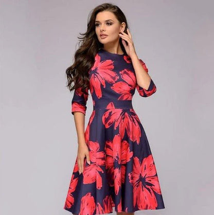 Floral Print Midi Dress with Wide Skirt for Women's Summer and Formal Fashion-3
