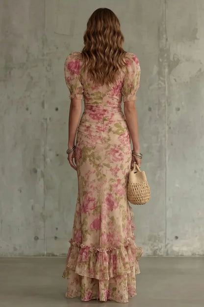 women's Fitted puff-sleeve dress - slim-fit, long-pleated, floral print, for special occasions
