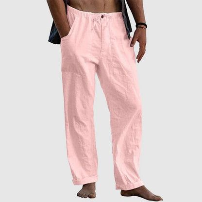 White Linen Pants for Women with Adjustable Waist Cord, Relaxed Fit Summer Trousers-1