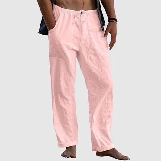 White Linen Pants for Women with Adjustable Waist Cord, Relaxed Fit Summer Trousers-1
