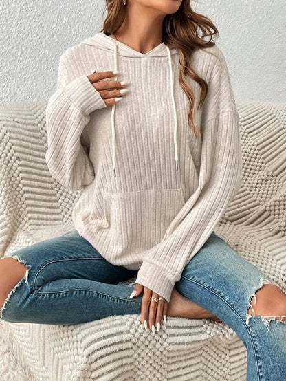 Plush Relaxed Women's Hooded Pullover - Ribbed Knit, Casual