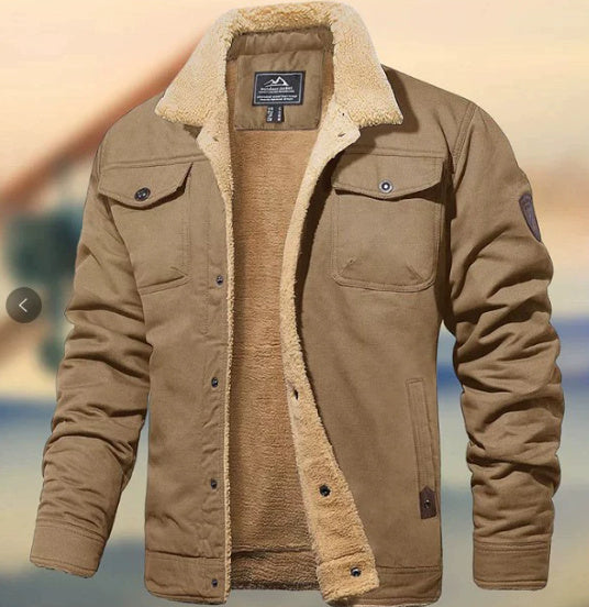 Warm Sturdy Men's Jacket - Trucker Cut, Sherpa Lined Cotton Canvas, For Fall And Winter