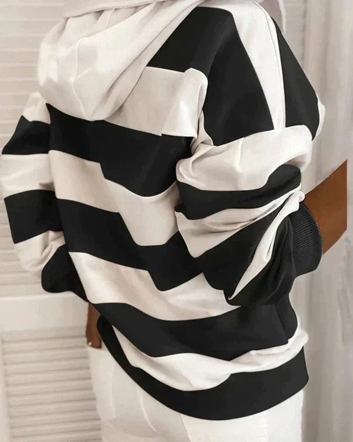 Plush Women’s Hooded Pullover - Striped Relaxed Cotton, Casual