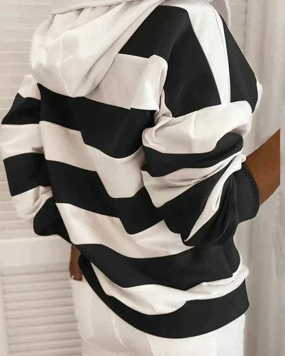 Plush Women’s Hooded Pullover - Striped Relaxed Cotton, Casual