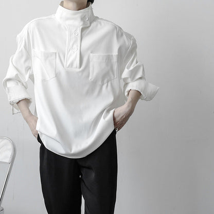 Plush Men’s Half Turtleneck Shirt - Stand Collar, Polyester