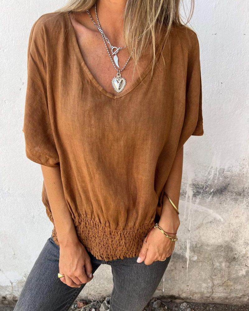 Relaxed Women's Top in Cotton Linen Blend, Flowy V-Neck Blouse for Casual Summer Style-1