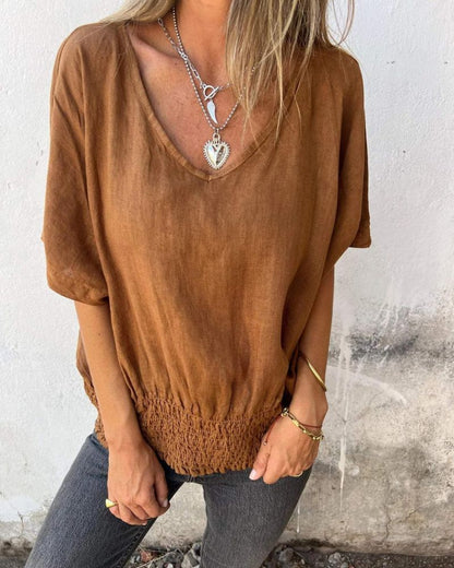 Relaxed Women's Top in Cotton Linen Blend, Flowy V-Neck Blouse for Casual Summer Style-1