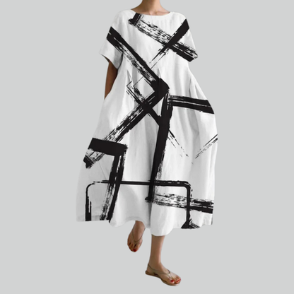 Lady Fashion Short Sleeve Loose Maxi Dress - Retro Flower Print Pocket Party Dress