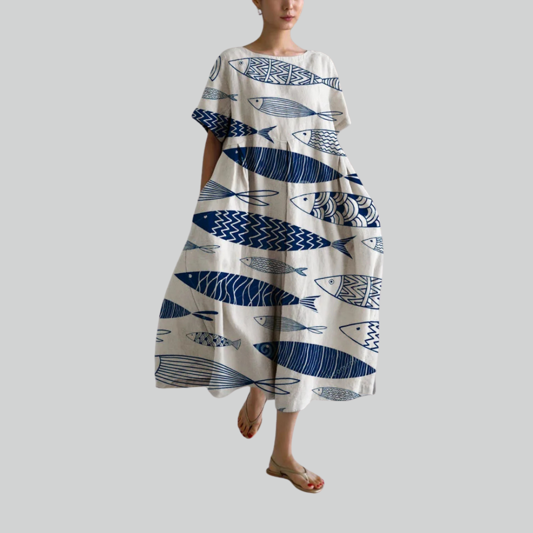 Lady Fashion Short Sleeve Loose Maxi Dress - Retro Flower Print Pocket Party Dress