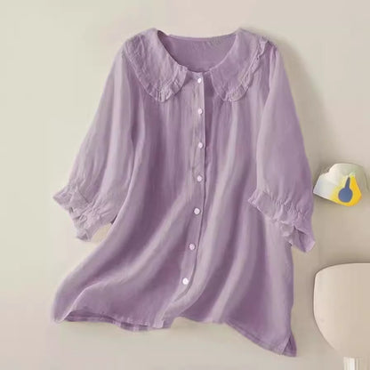 Plush women's shirt - Claudine collar, half-sleeve, relaxed fit, casual everyday wear with denim