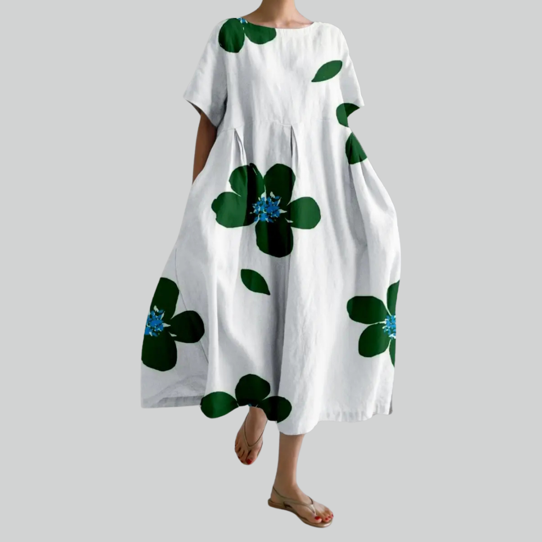 Lady Fashion Short Sleeve Loose Maxi Dress - Retro Flower Print Pocket Party Dress