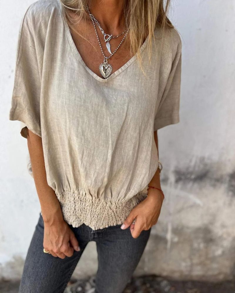 Variant image for Relaxed Women's Top in Cotton Linen Blend, Flowy V-Neck Blouse for Casual Summer Style-13
