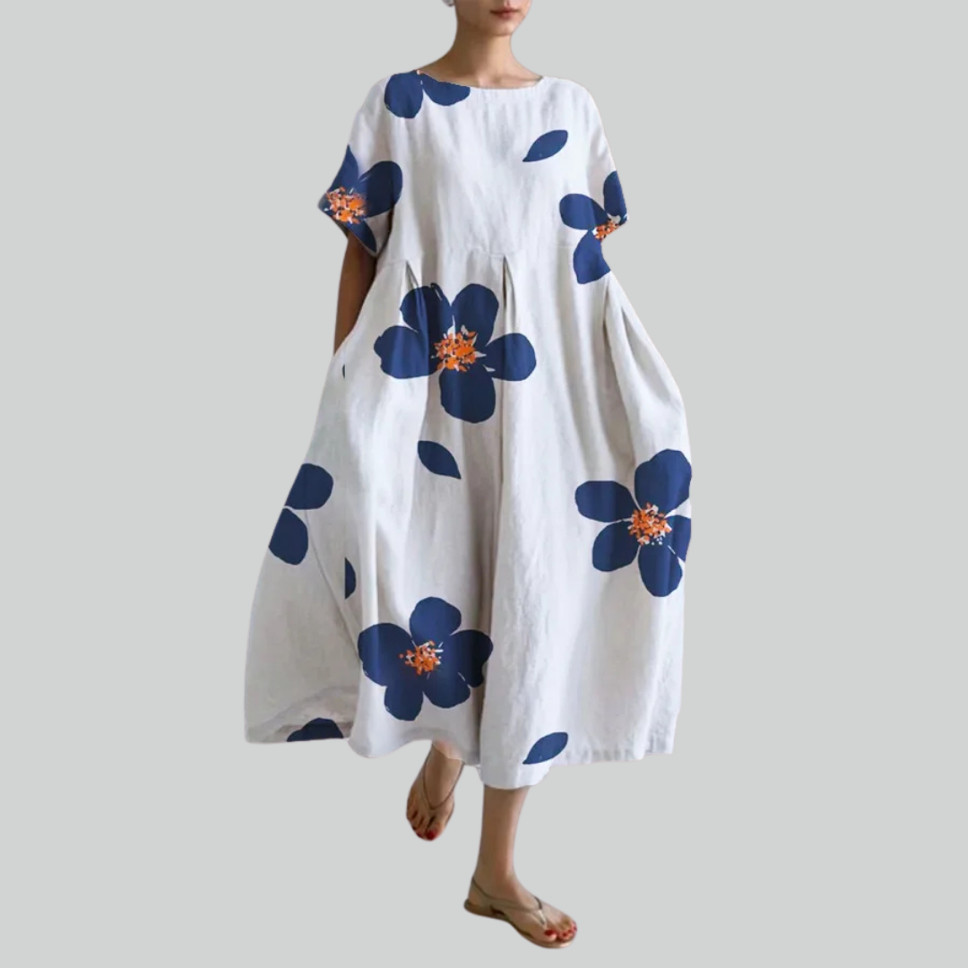 Lady Fashion Short Sleeve Loose Maxi Dress - Retro Flower Print Pocket Party Dress