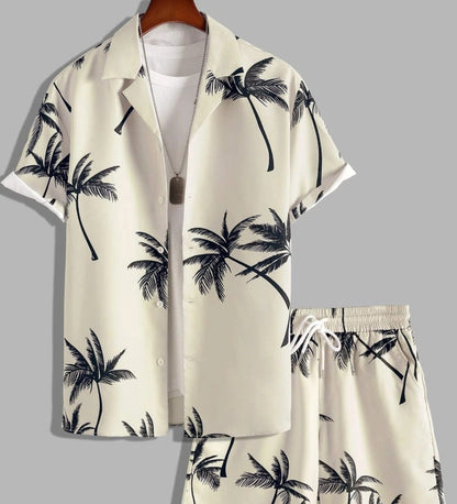 Men's Summer Set with Tropical Print, Lightweight Shirt and Shorts, Relaxed Fit for Warm Weather Casual Outings-1