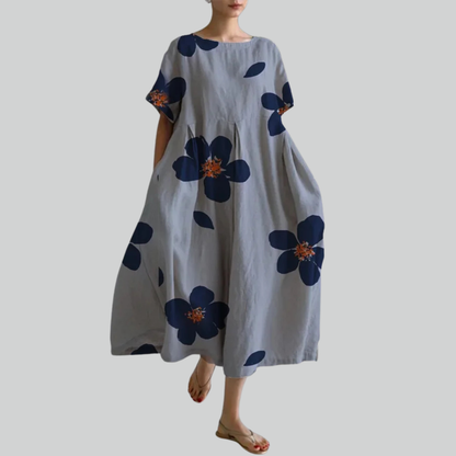 Lady Fashion Short Sleeve Loose Maxi Dress - Retro Flower Print Pocket Party Dress