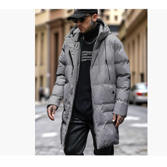 Men's Warm Long Puffer Coat - Hooded Quilted Cotton, Urban