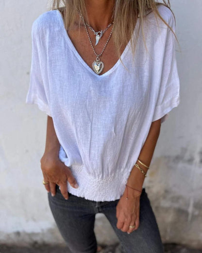 Relaxed Women's Top in Cotton Linen Blend, Flowy V-Neck Blouse for Casual Summer Style-2