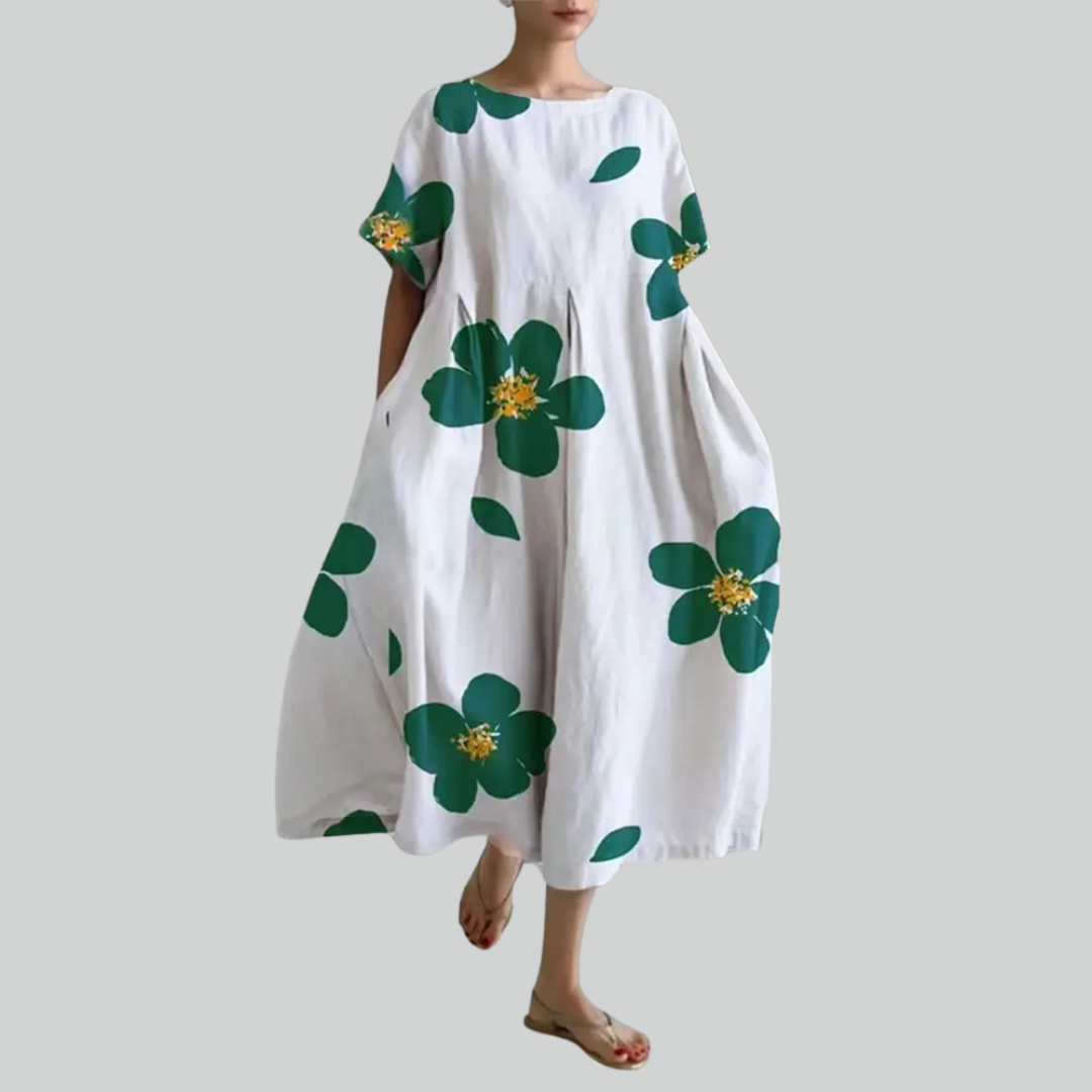 Lady Fashion Short Sleeve Loose Maxi Dress - Retro Flower Print Pocket Party Dress