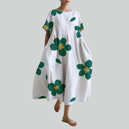 Lady Fashion Short Sleeve Loose Maxi Dress - Retro Flower Print Pocket Party Dress