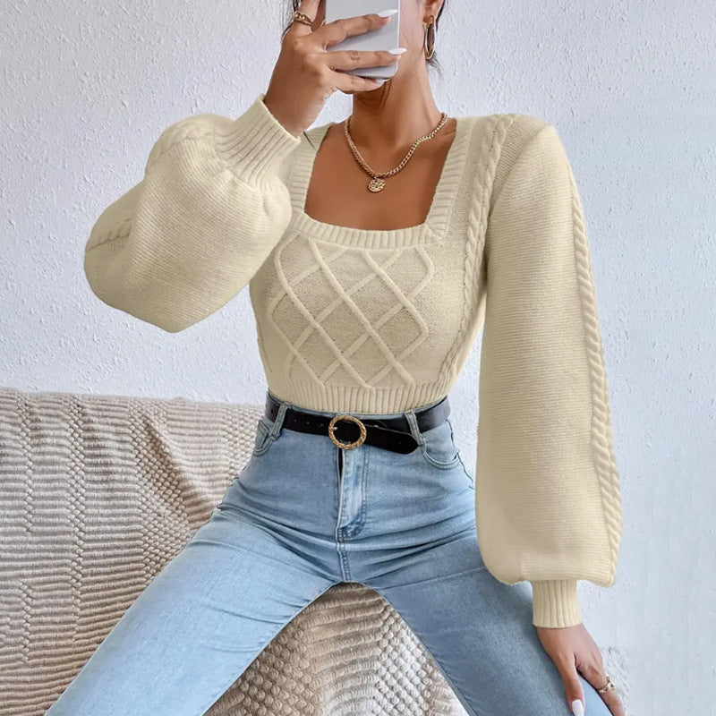 Plush Women's Square Collar Sweater - Cropped Knit Layering