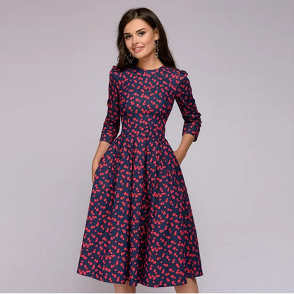 Floral Print Midi Dress with Wide Skirt for Women's Summer and Formal Fashion-4