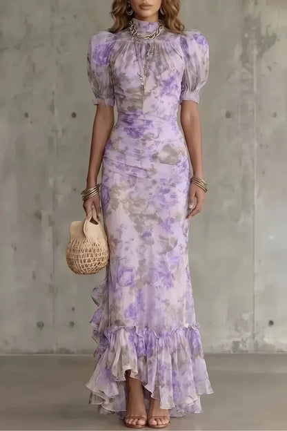 women's Fitted puff-sleeve dress - slim-fit, long-pleated, floral print, for special occasions