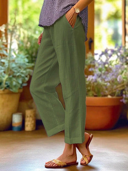 Loose-Fitting White Linen Pants for Women, Breathable Wide Leg Casual Trousers-5