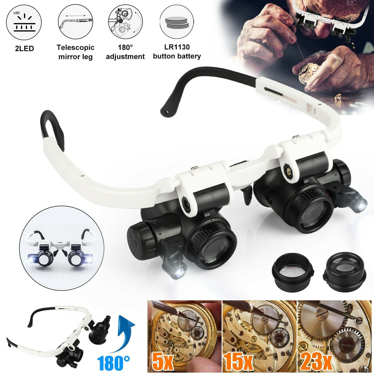 Magnifier Headband LED Jeweler Glasses With 8 Lenses
